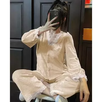 Велюровый пижамный брючный костюм осень-зима бархатная пижама 2 шт пижамный комплект французский ретро стиль двора домашняя одежда повседневная домашняя одежда M