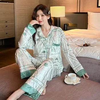 Велюровый пижамный костюм женский комплект для сна 2 шт осень зима новый комплект для сна роскошный дизайн домашняя одежда брюки принт домашняя одежда ночная одежда M