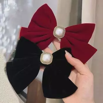 Velvet Bow Hairpin: Retro Black & Red, Winter Bridal Headdress Accessory красный