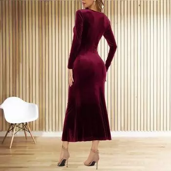Velvet Long Sleeves Skirt V-neck Holiday Party Dress Simple Long Evening Dress Date xl вино красного