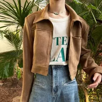 Бархатная свободная куртка, пальто, женская мода, длинный рукав, отложной воротник, молния, короткие куртки, женский универсальный пиджак с карманом S коричневый