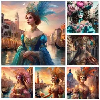 Венецианская маска Девушка Алмазная картина 5d Полный квадратный круглый алмаз Вышивка Женщина Пейзаж Мозаика Наборы для вышивки крестом Домашний декор square 30x30cm белый
