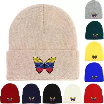Venezuela Flag Butterfly Print Knitted Cap Beanie, Patriotic Skullies Beanies Candy Color Winter Solid Bobble Hat Knit Cap Beanie as the picture красный