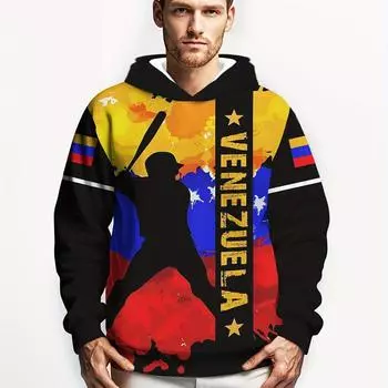 ВЕНЕСУЭЛА Тематический мужской 3D бейсболист силуэт узор принт толстовка с капюшоном, повседневные пуловеры топы для весна осень S