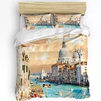 Venice Building Water Boat Sunset Duvet Cover 3pcs Bedding Set Home Textile Quilt Cover Pillowcases Bedroom Bedding Set No Sheet EU single(135x200cm)