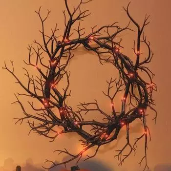 Венок для украшения входной двери, светодиодные огни, блестящая черная ветка, украшения на Хэллоуин, страшный домашний декор для вечеринки в помещении и на открытом воздухе