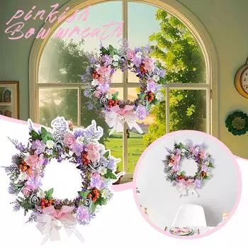 Венок из имитации цветов с бантом, Сезонный венок, Дверное украшение, Праздничный реквизит, Подвеска на окно, Настенная подвеска One Size розовый