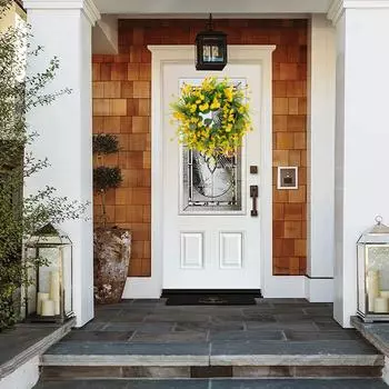 Венок из искусственного шелка, венок из желтых ромашек, 45 см, весенне-летний венок с зелеными листьями эвкалипта для украшения оконной стены, свадьбы, фермерского дома, фестиваля