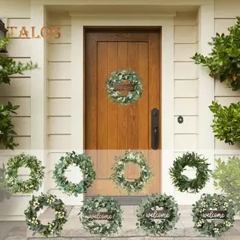 Венок из искусственных листьев эвкалипта, венок из искусственных зеленых листьев с ягодами, венок из искусственного эвкалипта для дома, крыльца, стены, двери, декор H