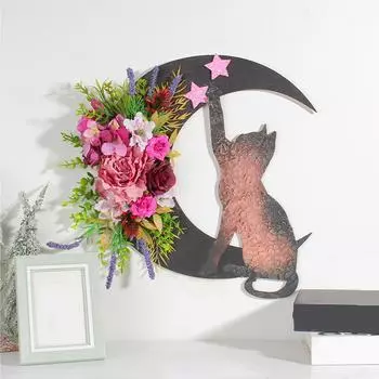 Венок из кошек-полумесяцев, Растение, Новолуние, Хэллоуин, Луна, Украшение для дома, Подарок для любителя кошек, Подвеска One Size