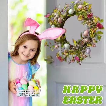 Венок из пасхальных яиц 17,7 дюйма, венок ручной работы с искусственными цветами, весенний декор из цветных яиц, венок для настенной каминной полки, входной двери G