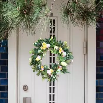 Венок из пасхальных яиц 45 см, зеленые листья, весенний летний венок с пастельными яйцами для крыльца, дома, дома, праздника, сада, фермерского дома 45cm