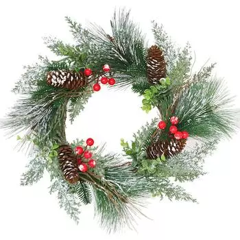 Венок из сосновых иголок 40 см Железное кольцо Искусственная имитация Сосновая игла ПЭ Сосновая шишка Белая снежинка Красная ягода Рождественское украшение 40cm/260g