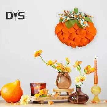 Венок из тыквы для входной двери, осенняя гирлянда из мешковины из тыквы с бантом, осенняя вешалка для двери, стены, окна на День благодарения 1pc