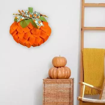 Венок из тыквы для входной двери в фермерском доме. Осенняя гирлянда из мешковины из тыквы с бантом