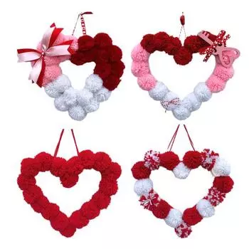 Венок ко Дню святого Валентина, плюшевое помпоновое сердечко, украшение для входной двери, романтическое пушистое любовное сердечко, украшение для свадебного домашнего декора A