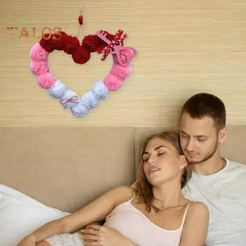 Венок ко Дню святого Валентина, плюшевое помпоновое сердечко, украшение для входной двери, романтическое пушистое любовное сердечко, украшение для свадебного домашнего декора A