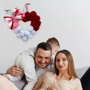 Венок ко Дню святого Валентина, плюшевое помпоновое сердечко, украшение для входной двери, романтическое пушистое любовное сердечко, украшение для свадебного домашнего декора B