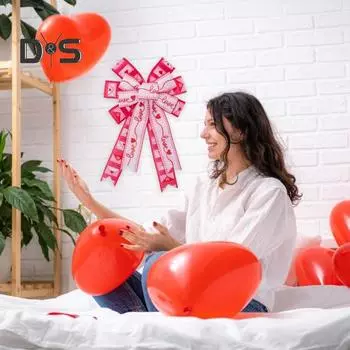 Венок ко Дню святого Валентина с бантом в виде сердца, большой подарочный бант, украшение на елку, украшение на свадьбу, праздник, вечеринку розовый