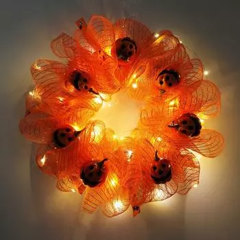 Венок на Хэллоуин 2025 года, тыквенные венки со светодиодной подсветкой, цветочная гирлянда для входной двери, праздничные атрибуты, украшения на Хэллоуин