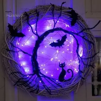 Венок на Хэллоуин, гирлянда из лозы летучей мыши и кошки с фиолетовым светодиодным светильником, подвесной декор для входной двери, украшение ручной работы для дома и улицы, украшение для вечеринки на окне 30cm
