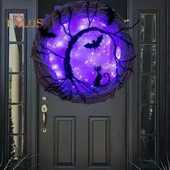Венок на Хэллоуин, гирлянда из лозы летучей мыши и кошки с фиолетовым светодиодным светильником, подвесной декор для входной двери, украшение ручной работы для дома и улицы, украшение для вечеринки на окне 30cm
