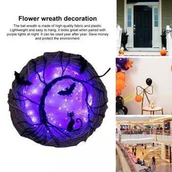 Венок на Хэллоуин, гирлянда из лозы летучей мыши и кошки с фиолетовой светодиодной подсветкой для входной двери