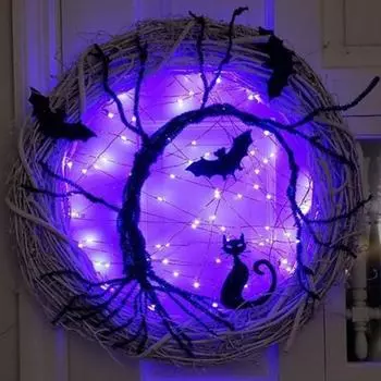 Венок на Хэллоуин, гирлянда из лозы летучей мыши и кошки с фиолетовым светодиодным светильником, подвесной декор для входной двери, украшение ручной работы для дома и улицы, украшение для вечеринки на окне 30cm