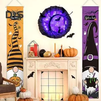 Венок на Хэллоуин, гирлянда из лозы летучей мыши и кошки с фиолетовым светодиодным светильником, подвесной декор для входной двери, украшение ручной работы для дома и улицы, украшение для вечеринки на окне 30cm