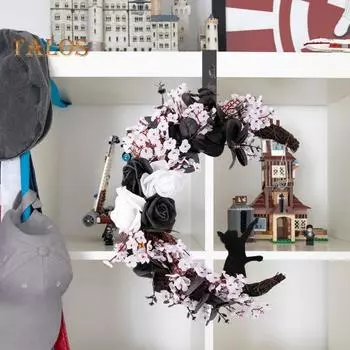 Венок на Хэллоуин, искусственные розы, черная кошка, луна, гирлянда, входная дверь, подвесное украшение для вечеринки на Хэллоуин, украшение для окна, стены A