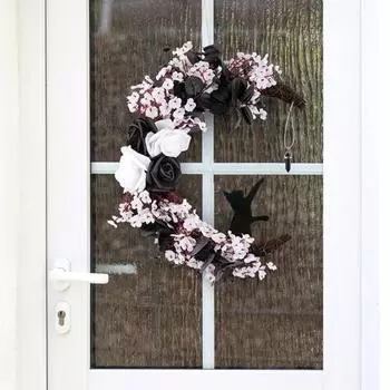 Венок на Хэллоуин, искусственные розы, черная кошка, луна, гирлянда, входная дверь, подвесное украшение для вечеринки на Хэллоуин, украшение для окна, стены A