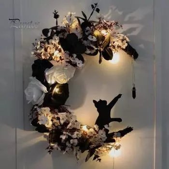 Венок на Хэллоуин, искусственные розы, черная кошка, луна, гирлянда, входная дверь, подвесное украшение для вечеринки на Хэллоуин, украшение для окна, стены A