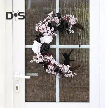 Венок на Хэллоуин, искусственные розы, черная кошка, луна, гирлянда, входная дверь, подвесное украшение для вечеринки на Хэллоуин, украшение для окна, стены A