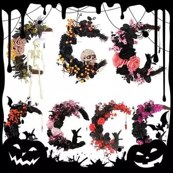 Венок на Хэллоуин, искусственный череп, венок из роз, виноградной лозы, венок с луной и кошкой с цветами для украшения окна снаружи дома 14.5cm