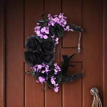 Венок на Хэллоуин с изображением луны и черного кота Венки на Хэллоуин с изображением луны и кота Венок на дверь на Хэллоуин для вечеринки на окно, стену, в помещении, на улице