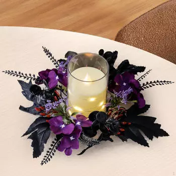 Венок на Хэллоуин со свечами, маленькие черные листья, декоративное кольцо, цветочное для столешницы
