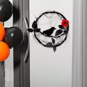Венок на Хэллоуин Ворон с огнями Черная дверь Подвесное украшение для вечеринки в саду