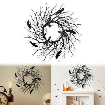 Венок на Хэллоуин в виде летучей мыши, черные венки из веток с красной светодиодной подсветкой, венок на Хэллоуин в виде летучей мыши для украшения дома на вечеринку в честь Хэллоуина 45cm