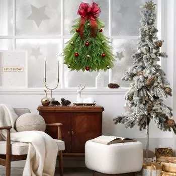 Венок на рождественскую елку, гирлянда на рождественскую елку ручной работы с бантами, шарами, вешалка для венка на входную дверь, праздничный декор Without Light