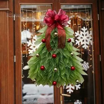 Венок на рождественскую елку, гирлянда на рождественскую елку ручной работы с бантами, шарами, вешалка для венка на входную дверь, праздничный декор Without Light