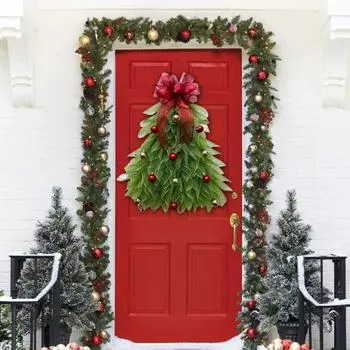 Венок на рождественскую елку, гирлянда на рождественскую елку ручной работы с бантами и шарами спереди Without Light