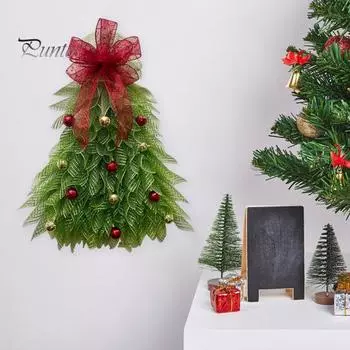 Венок на рождественскую елку, светящийся сетчатый венок с елочным шаром и красным бантом, подвесное украшение в форме рождественской елки для каминной полки входной двери With Light