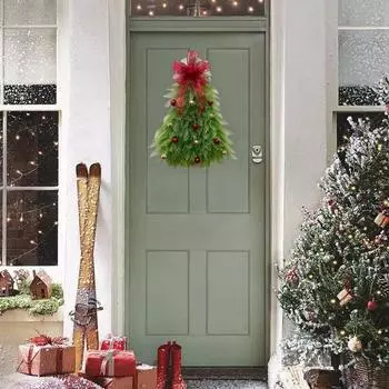 Венок на рождественскую елку, светящийся сетчатый венок с елочным шаром и красным бантом, подвесное украшение в форме рождественской елки для каминной полки входной двери With Light