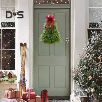 Венок на рождественскую елку, светящийся сетчатый венок с елочным шаром и красным бантом, подвесное украшение в форме рождественской елки для каминной полки входной двери With Light