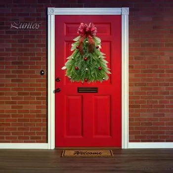 Венок на рождественскую елку, текстурированный сетчатый венок с красным бантом, праздничный декор, треугольный рождественский венок для входной двери, окна, стены зелёный