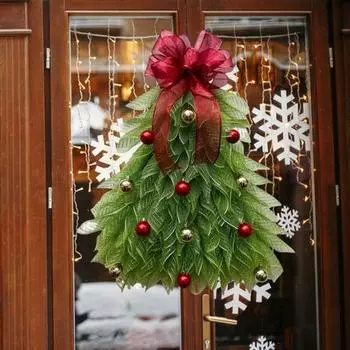 Венок на рождественскую елку Yousheng, гирлянда на рождественскую елку ручной работы с бантами, шарами, вешалка для венка на входную дверь, праздничный декор Without Light
