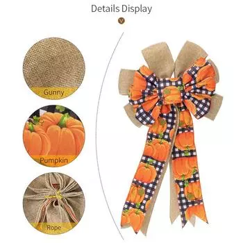 Венок на входную дверь, бант из тыквенных листьев, венок на День благодарения, украшение для верхушки дерева в фермерском доме, мешковина, осенний оранжевый клетчатый бант