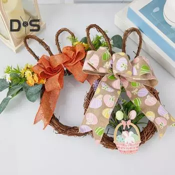 Венок пасхального кролика из ротанга, плетеный в форме кролика, венок с бантом, искусственная зелень для камина, двери, стены, окна, декор розовый