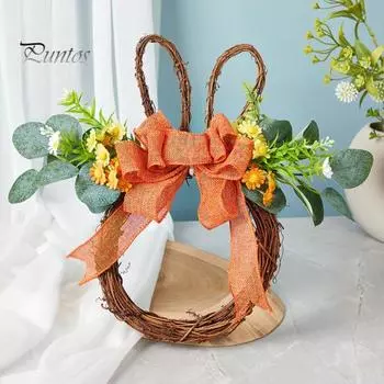 Венок пасхального кролика из ротанга, плетеный в форме кролика, венок с бантом, искусственная зелень для камина, двери, стены, окна, декор розовый