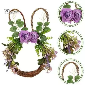 Венок пасхального кролика в форме кролика, искусственная ротанговая гирлянда с цветком, украшение входной двери фермерского дома для весеннего декора оконной стены для дома зелёный